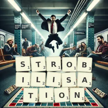 Creative illustration for a Scrabble game with the word STROBILISATION spelled out in tiles on the board.