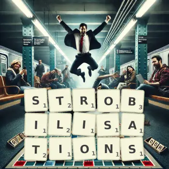 Creative illustration for a Scrabble game with the word STROBILISATIONS spelled out in tiles on the board.
