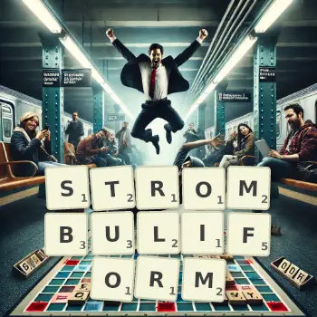 Creative illustration for a Scrabble game with the word STROMBULIFORM spelled out in tiles on the board.