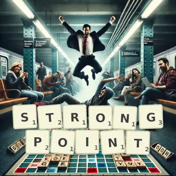 Creative illustration for a Scrabble game with the word STRONGPOINT spelled out in tiles on the board.