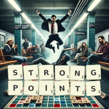 Creative illustration for a Scrabble game with the word STRONGPOINTS spelled out in tiles on the board.