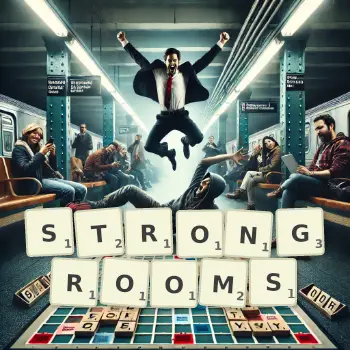 Creative illustration for a Scrabble game with the word STRONGROOMS spelled out in tiles on the board.