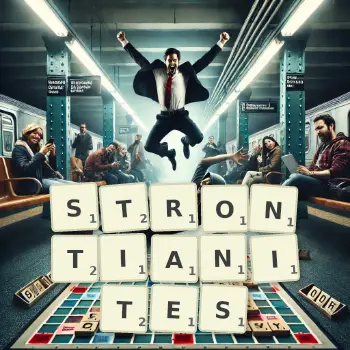 Creative illustration for a Scrabble game with the word STRONTIANITES spelled out in tiles on the board.