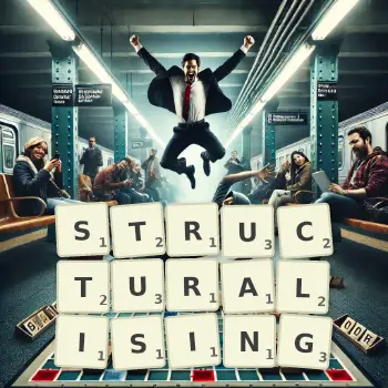 Creative illustration for a Scrabble game with the word STRUCTURALISING spelled out in tiles on the board.