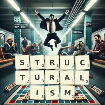 Creative illustration for a Scrabble game with the word STRUCTURALISM spelled out in tiles on the board.