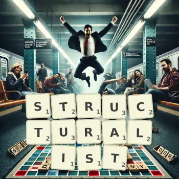 Creative illustration for a Scrabble game with the word STRUCTURALIST spelled out in tiles on the board.