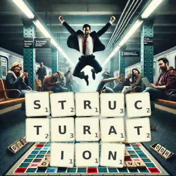 Creative illustration for a Scrabble game with the word STRUCTURATION spelled out in tiles on the board.