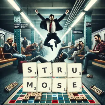 Creative illustration for a Scrabble game with the word STRUMOSE spelled out in tiles on the board.