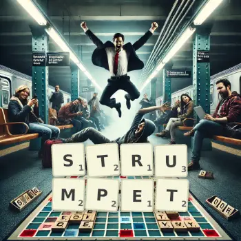 Creative illustration for a Scrabble game with the word STRUMPET spelled out in tiles on the board.