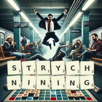 Creative illustration for a Scrabble game with the word STRYCHNINING spelled out in tiles on the board.