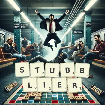 Creative illustration for a Scrabble game with the word STUBBLIER spelled out in tiles on the board.