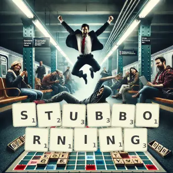 Creative illustration for a Scrabble game with the word STUBBORNING spelled out in tiles on the board.