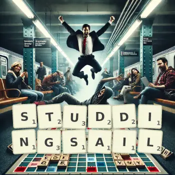 Creative illustration for a Scrabble game with the word STUDDINGSAIL spelled out in tiles on the board.