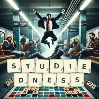 Creative illustration for a Scrabble game with the word STUDIEDNESS spelled out in tiles on the board.