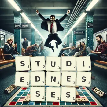Creative illustration for a Scrabble game with the word STUDIEDNESSES spelled out in tiles on the board.