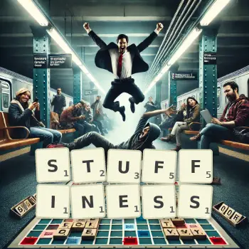 Creative illustration for a Scrabble game with the word STUFFINESS spelled out in tiles on the board.