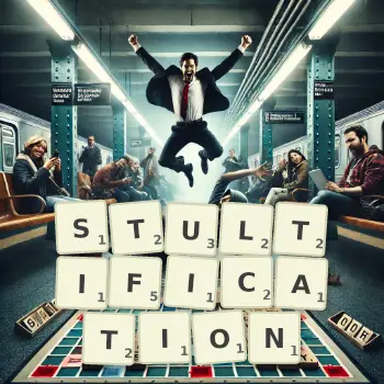 Creative illustration for a Scrabble game with the word STULTIFICATION spelled out in tiles on the board.