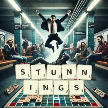 Creative illustration for a Scrabble game with the word STUNNINGS spelled out in tiles on the board.
