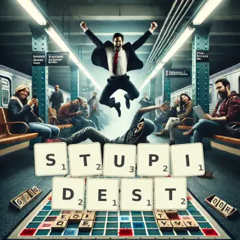 Creative illustration for a Scrabble game with the word STUPIDEST spelled out in tiles on the board.