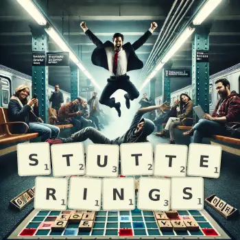 Creative illustration for a Scrabble game with the word STUTTERINGS spelled out in tiles on the board.