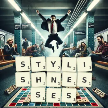 Creative illustration for a Scrabble game with the word STYLISHNESSES spelled out in tiles on the board.