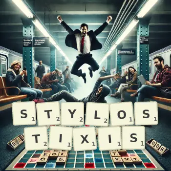 Creative illustration for a Scrabble game with the word STYLOSTIXIS spelled out in tiles on the board.