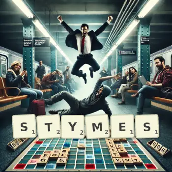 Creative illustration for a Scrabble game with the word STYMES spelled out in tiles on the board.