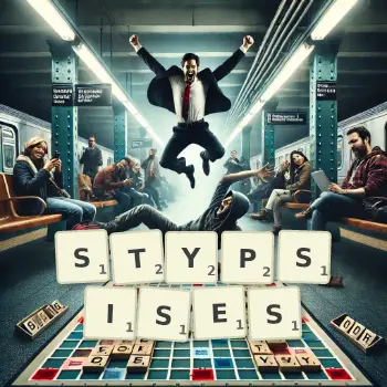 Creative illustration for a Scrabble game with the word STYPSISES spelled out in tiles on the board.
