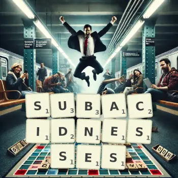 Creative illustration for a Scrabble game with the word SUBACIDNESSES spelled out in tiles on the board.