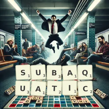 Creative illustration for a Scrabble game with the word SUBAQUATIC spelled out in tiles on the board.