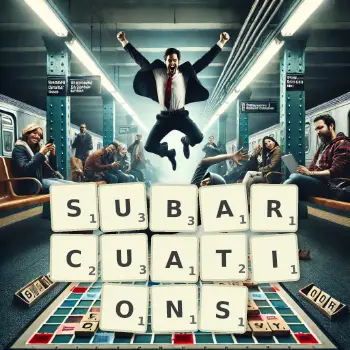 Creative illustration for a Scrabble game with the word SUBARCUATIONS spelled out in tiles on the board.
