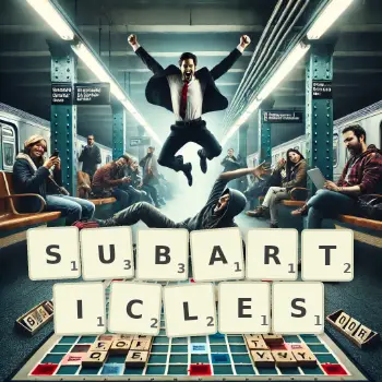Creative illustration for a Scrabble game with the word SUBARTICLES spelled out in tiles on the board.