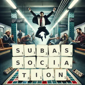 Creative illustration for a Scrabble game with the word SUBASSOCIATION spelled out in tiles on the board.