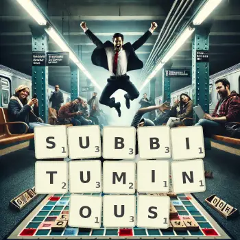Creative illustration for a Scrabble game with the word SUBBITUMINOUS spelled out in tiles on the board.