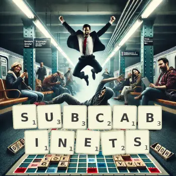 Creative illustration for a Scrabble game with the word SUBCABINETS spelled out in tiles on the board.