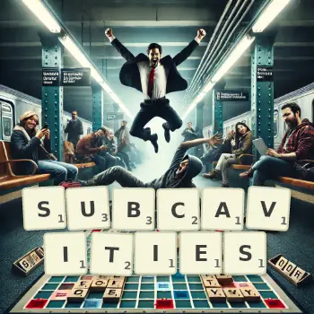 Creative illustration for a Scrabble game with the word SUBCAVITIES spelled out in tiles on the board.