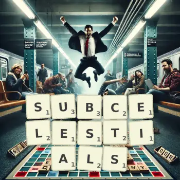 Creative illustration for a Scrabble game with the word SUBCELESTIALS spelled out in tiles on the board.