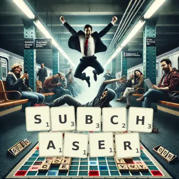 Creative illustration for a Scrabble game with the word SUBCHASER spelled out in tiles on the board.