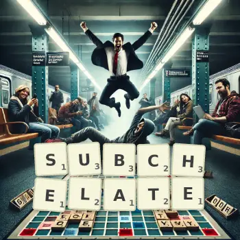Creative illustration for a Scrabble game with the word SUBCHELATE spelled out in tiles on the board.