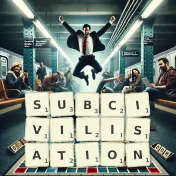 Creative illustration for a Scrabble game with the word SUBCIVILISATION spelled out in tiles on the board.