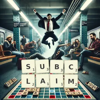 Creative illustration for a Scrabble game with the word SUBCLAIM spelled out in tiles on the board.