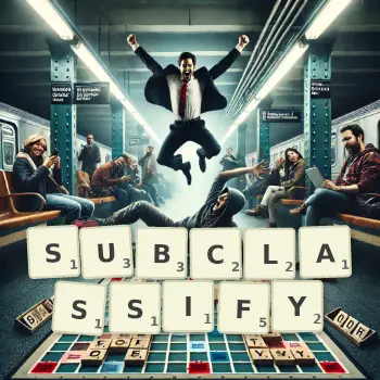 Creative illustration for a Scrabble game with the word SUBCLASSIFY spelled out in tiles on the board.