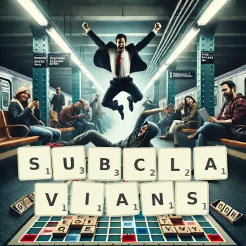 Creative illustration for a Scrabble game with the word SUBCLAVIANS spelled out in tiles on the board.