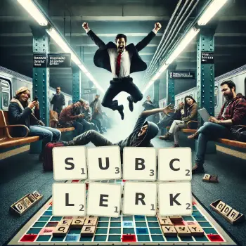 Creative illustration for a Scrabble game with the word SUBCLERK spelled out in tiles on the board.