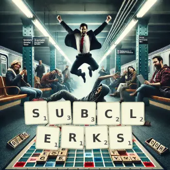 Creative illustration for a Scrabble game with the word SUBCLERKS spelled out in tiles on the board.