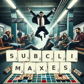Creative illustration for a Scrabble game with the word SUBCLIMAXES spelled out in tiles on the board.