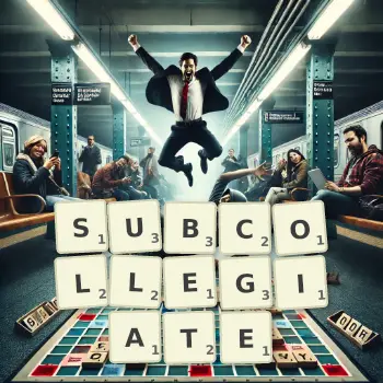 Creative illustration for a Scrabble game with the word SUBCOLLEGIATE spelled out in tiles on the board.