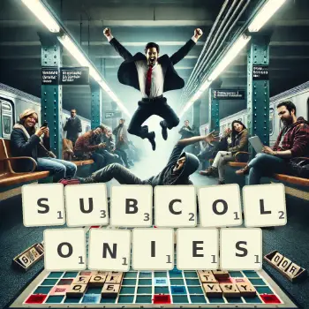 Creative illustration for a Scrabble game with the word SUBCOLONIES spelled out in tiles on the board.