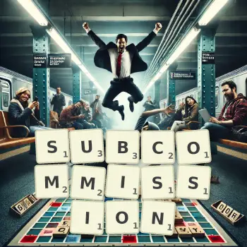 Creative illustration for a Scrabble game with the word SUBCOMMISSION spelled out in tiles on the board.