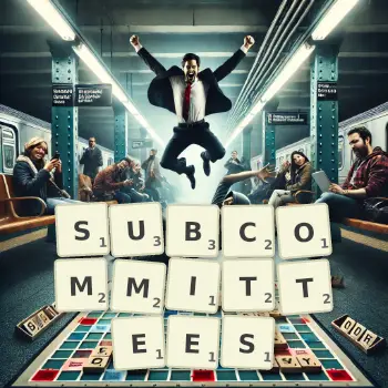 Creative illustration for a Scrabble game with the word SUBCOMMITTEES spelled out in tiles on the board.